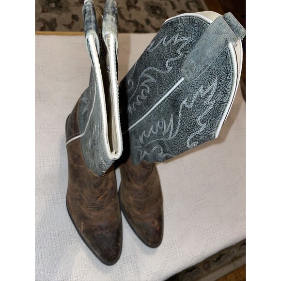 Old West Western Boots Womens Size 6.5 Medium Brown Gray Leather Pull On Cowgirl - Picture 5 of 12